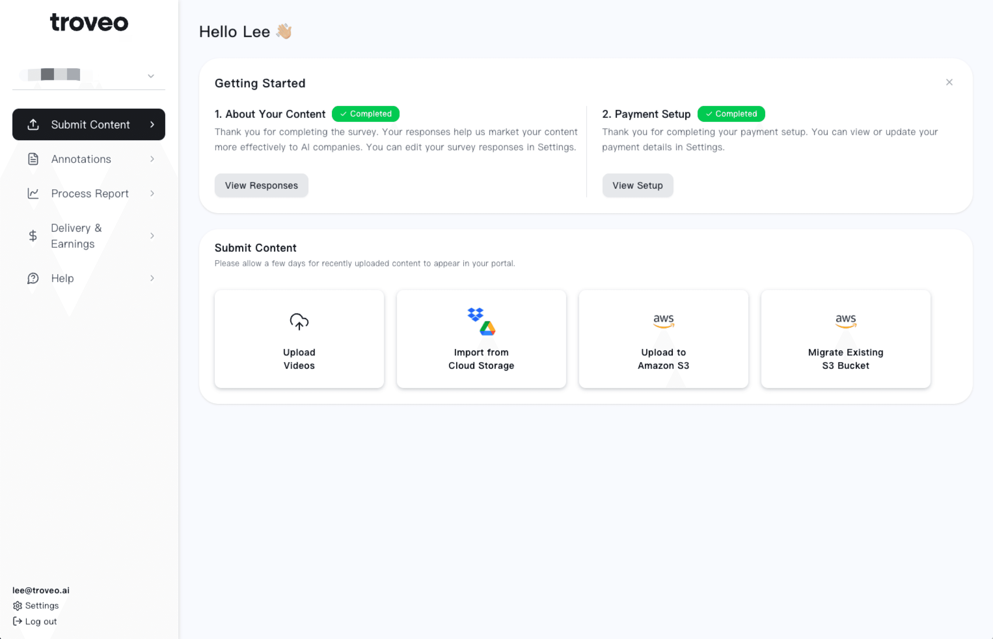 Troveo content-owner dashboard preview