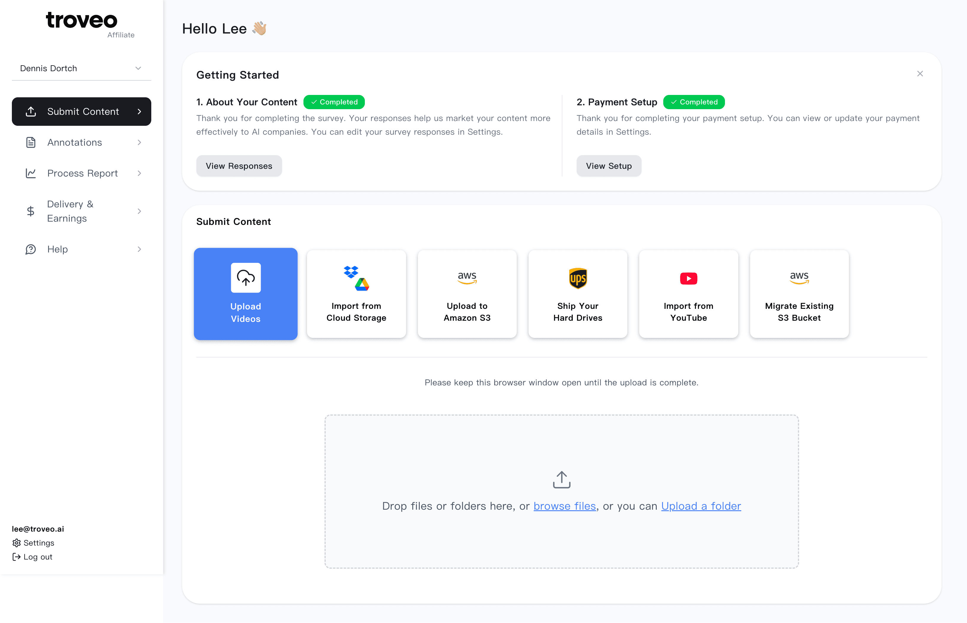 Troveo content-owner dashboard preview