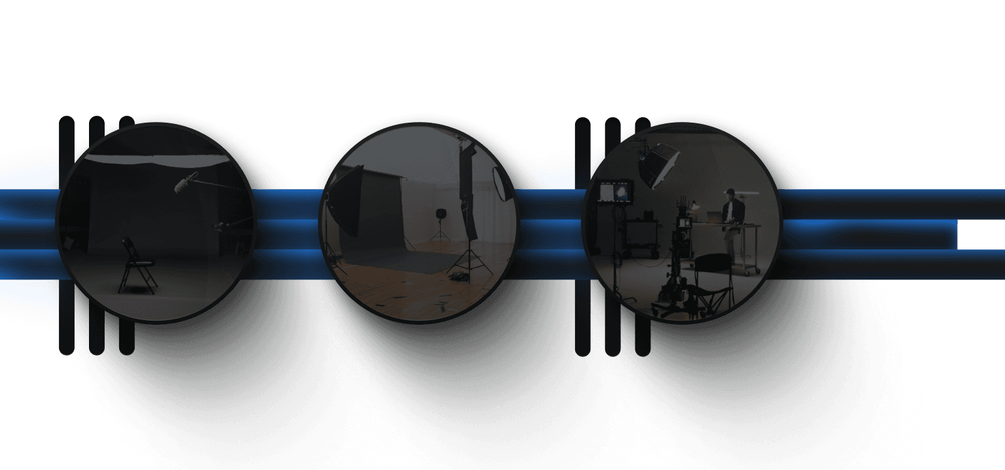 Three dark glass orbs showing studio production scenes, connected by blue rails